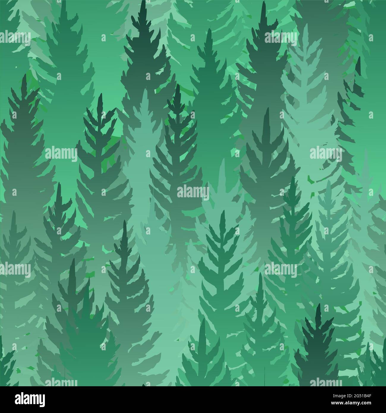 Wald Silhouette Szene. Nahtloses Muster. Landschaft mit Nadelbäumen. Wunderschöne Aussicht. Kiefern- und Fichtenbäume. Dunkle Natur. Illustrationsvektor Stock Vektor