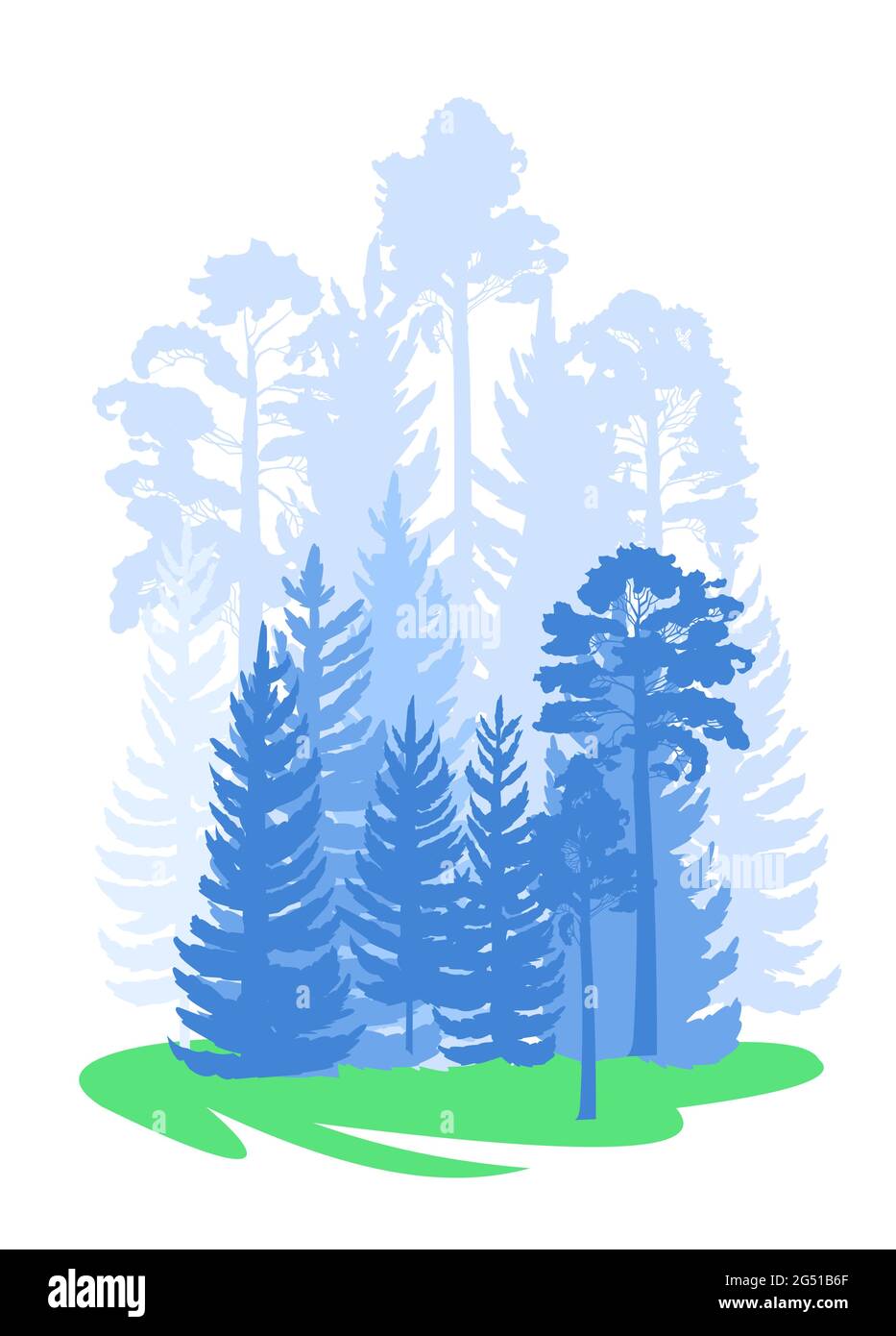 Wald Silhouette Szene. Landschaft mit Nadelbäumen. Wunderschöne blaue Aussicht. Kiefern- und Fichtenbäume. Sommer Natur. Isolierter Illustrationsvektor Stock Vektor
