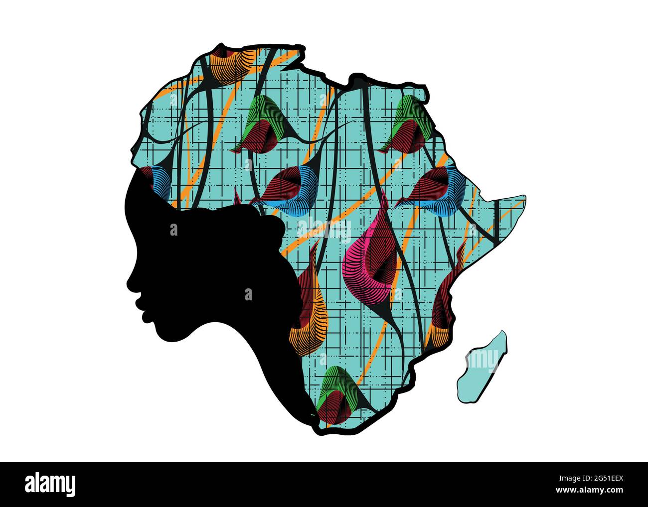 Konzept der afrikanischen Frau, Gesicht Profil Silhouette mit Turban in Form einer Karte von Afrika. Farbenfroher Afro-Print-Stoff, Design-Vorlage mit Tribal-Logo Stock Vektor