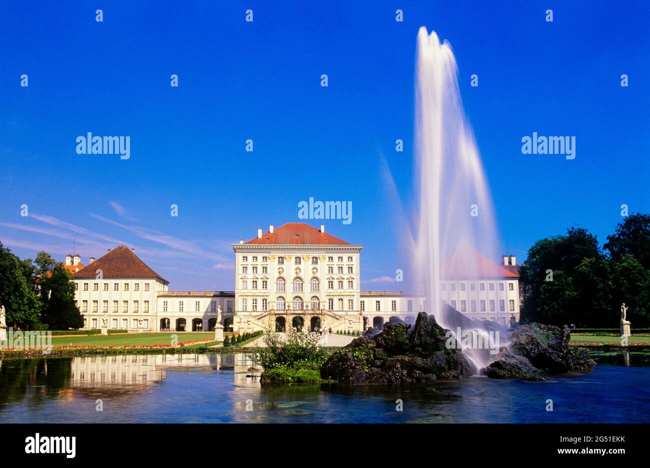 Schloss Nymphenburg mit Brunnen, München, Bayern, Deutschland Stockfoto