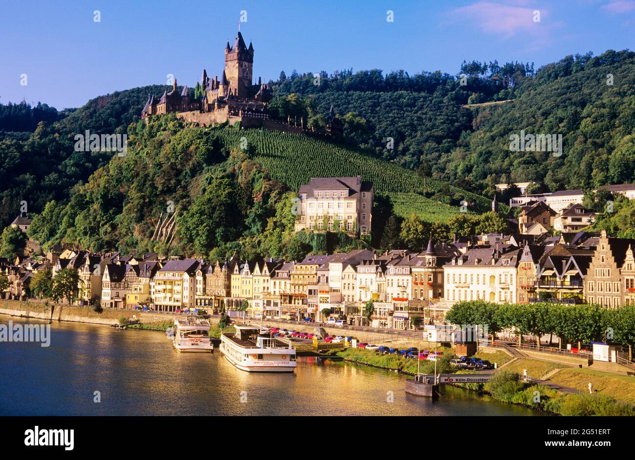Stadt Chochem, Schloss Chochem und Mosel, Rheinland-Pfalz, Deutschland Stockfoto