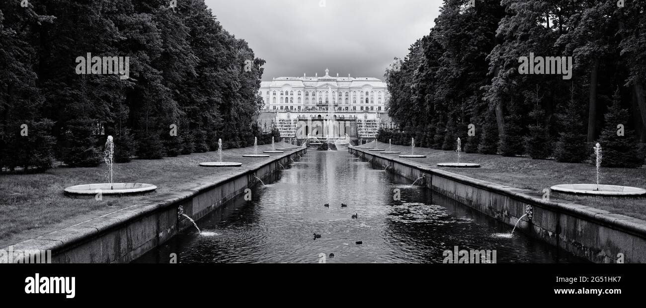 Brunnen mit Peterhof Palast im Hintergrund, St. Petersburg, Russland Stockfoto