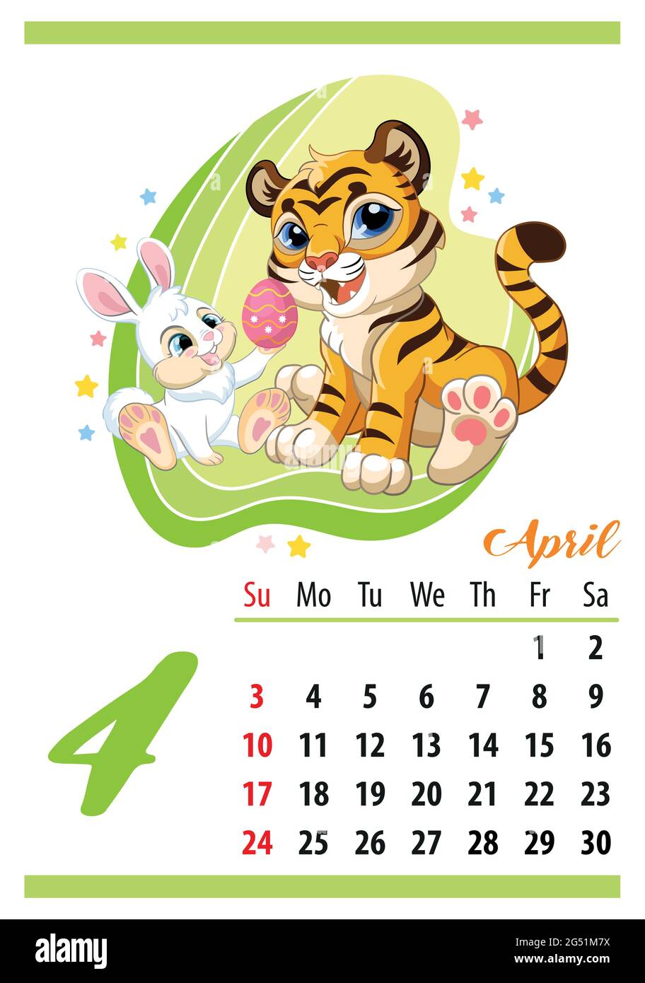 Wandkalender für 2022, April. Niedliche Cartoon Tiger Junge mit osterhase. Das Symbol des Jahres. Tierischer Charakter. Darstellung von Farbvektoren. Wochensta Stock Vektor