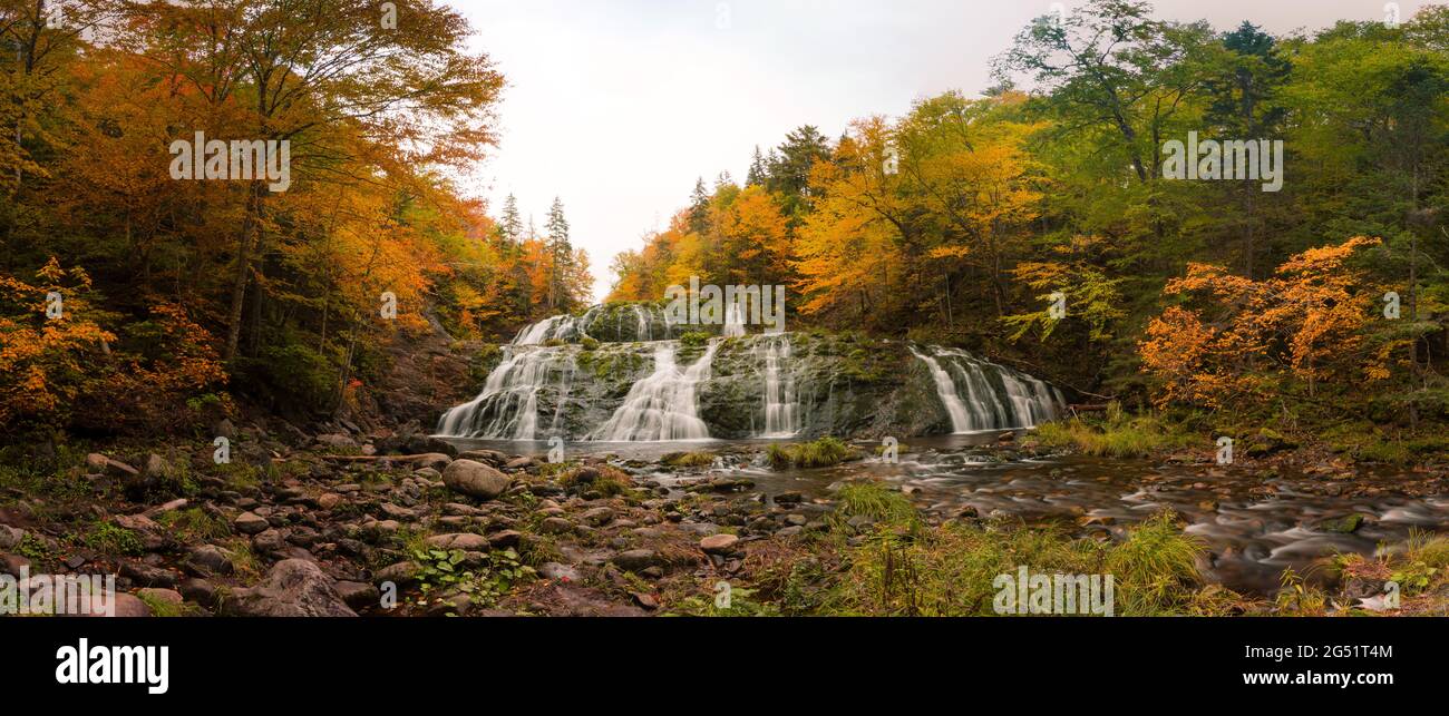 Panorama der ägyptischen Fälle. Kaskadierung von Wasserfällen mit atemberaubenden Herbstfärbungen. Egypt Falls, Cape Breton, Nova Scotia Stockfoto