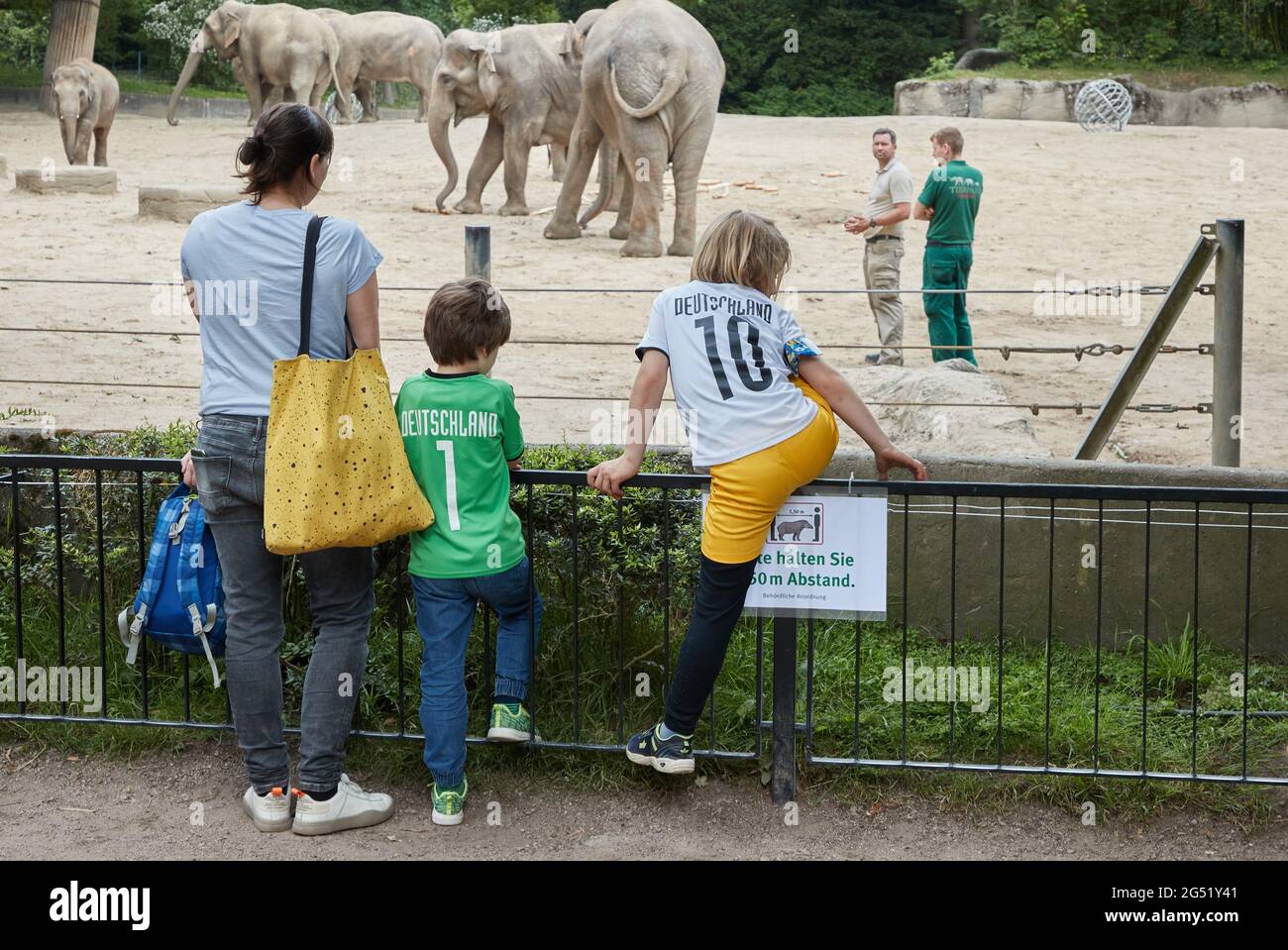 Hamburg, Deutschland. Juni 2021. Eine Frau und zwei Kinder mit Fußballtrikots mit der Aufschrift „Deutschland“ stehen auf dem Elefantengehege im Zoo Hagenbeck. Im elefantenoracle für die Fußball-Europameisterschaft hat „Yashoda“ dreimal erstaunlich richtig geraten. Quelle: Georg Wendt/dpa/Alamy Live News Stockfoto