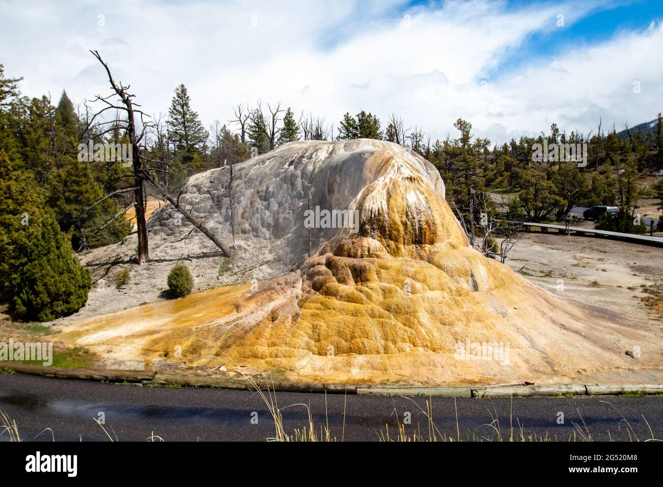 Orangefarbener Frühlingshügel, Mammoth Hot Springs im Yellowstone National Park, Wyoming, horizontal Stockfoto