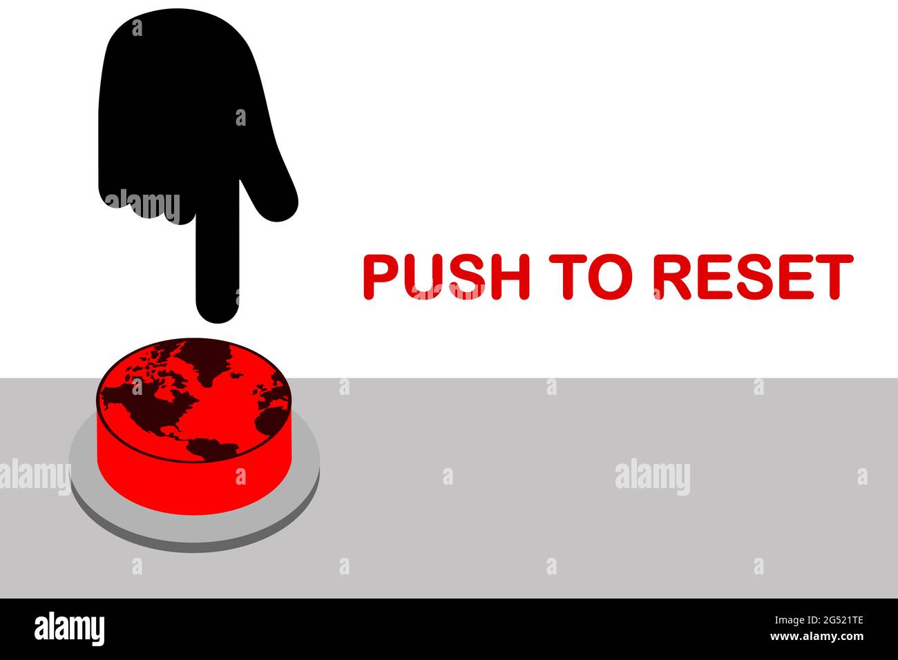 Drücken Sie, um den Text neben der Hand zurückzusetzen, die rote Taste mit der Welt darauf, die großartige Abbildung des Reset-Konzepts Stockfoto
