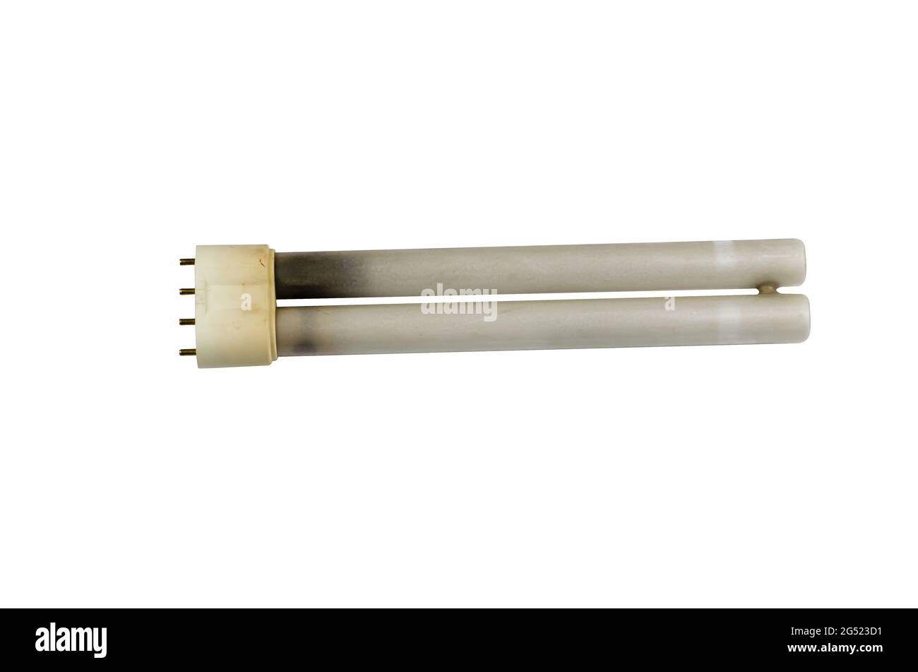 Ausgebrannte Leuchtstofflampe auf weißem Hintergrund. Eine alte elektrische Lampe für eine Tischlampe. Stockfoto