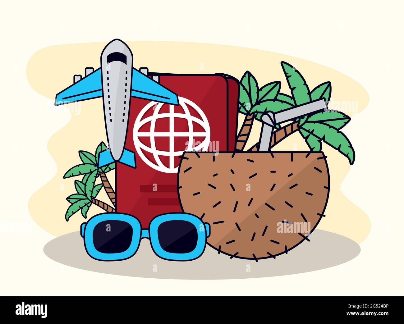 Reisepassflugzeug Kokosnuss und Gläser Stock Vektor