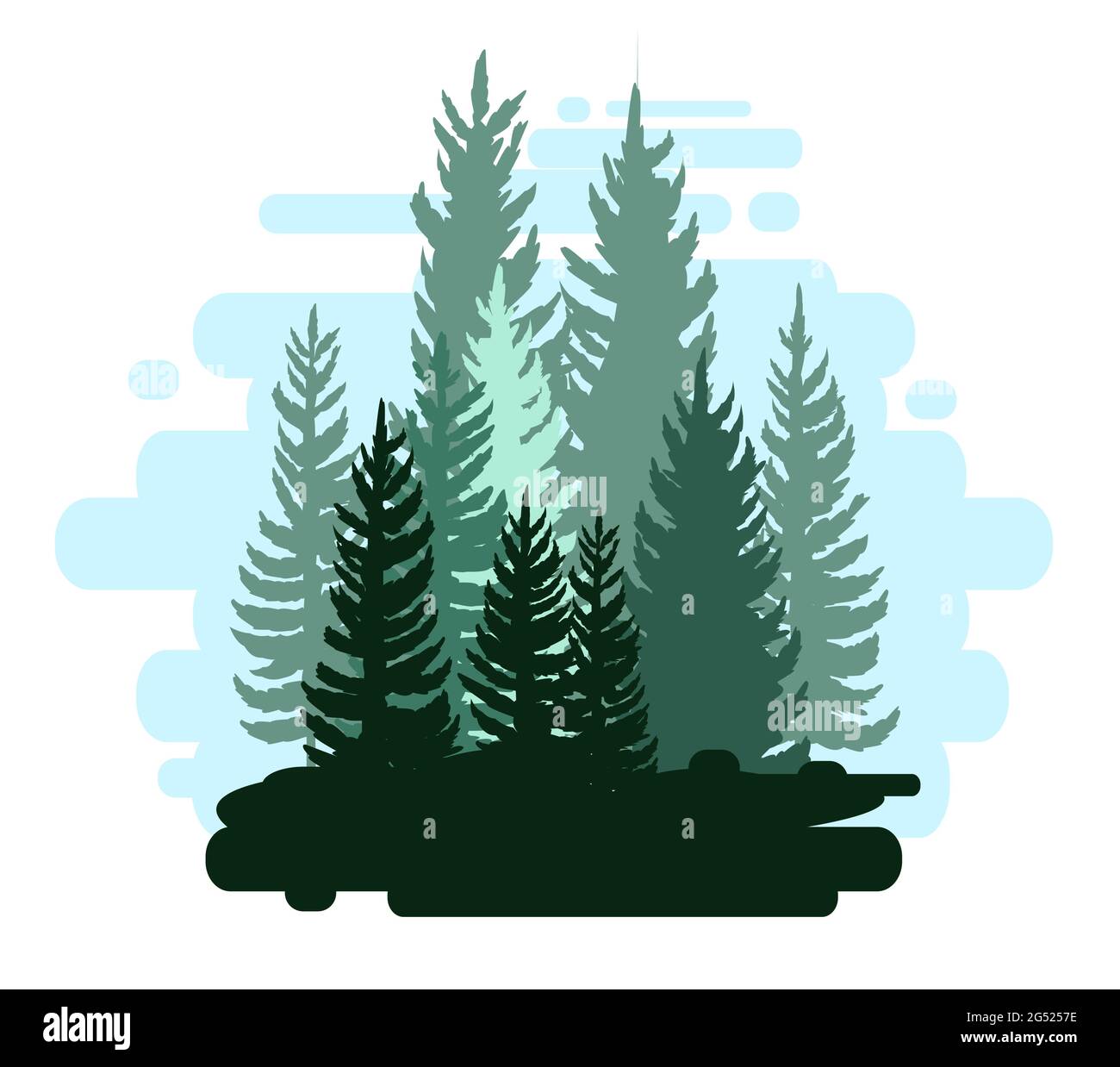 Wald Silhouette Szene. Landschaft mit Nadelbäumen. Wunderschöne blaue Aussicht. Kiefern- und Fichtenbäume. Sommer Natur. Isolierte Vektorgrafiken für Illustrationen Stock Vektor