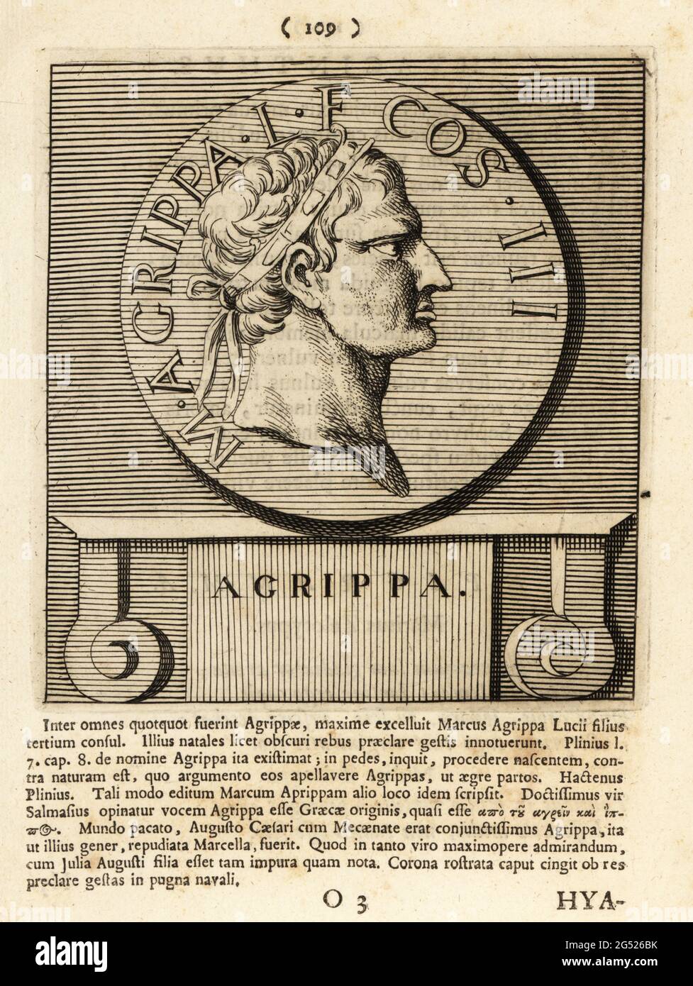 Marcus Vipsanius Agrippa trägt eine Rostralkrone, c. 64/62 – 12 v. Chr., römischer General in der Schlacht von Actium, Staatsmann und Architekt des Pantheons. Von einer Münze, die unter Titus geprägt wurde. M. AGRIPPA L F COS III Kupferstich von Pieter Bodart (1676-1712) aus Henricus Spoor’s Deorum et Heroum, Virorum et Mulierum Illustrium Imagines Antiquae Illustatae, Gods and Heroes, Men and Women, Illustrated with Antique Images, Petrum, Amsterdam, 1715. Erstmals veröffentlicht als Favissæ utriusque antiquitatis Tam Romanæ quam Græcæ im Jahr 1707. Henricus Spoor war ein niederländischer Arzt, klassischer Gelehrter, Dichter und Schriftsteller, Stockfoto