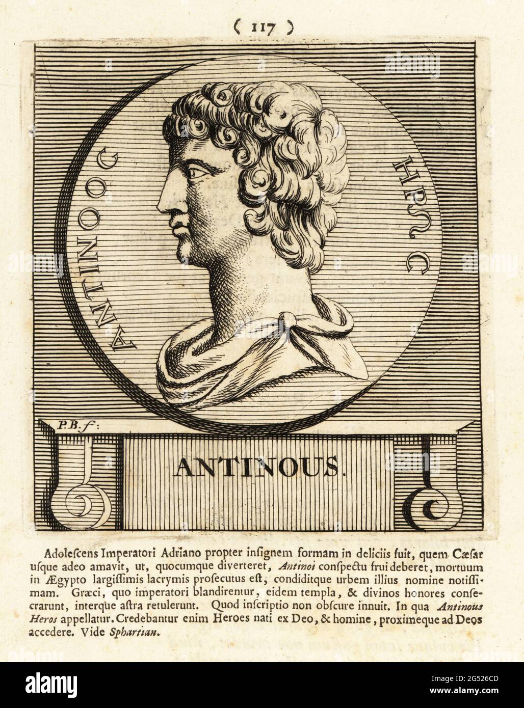 Antinoos, c. 111-130, Bithynische griechische Jugend und ein Liebling des römischen Imperators Hadrian. Nach seinem Tod, als gott und Held verehrt. Kupferstich von Pieter Bodart (1676-1712) aus Henricus Spoor’s Deorum et Heroum, Virorum et Mulierum Illustrium Imagines Antiquae Illustatae, Gods and Heroes, Men and Women, Illustrated with Antique Images, Petrum, Amsterdam, 1715. Erstmals veröffentlicht als Favissæ utriusque antiquitatis Tam Romanæ quam Græcæ im Jahr 1707. Henricus Spoor war ein niederländischer Arzt, klassischer Gelehrter, Dichter und Schriftsteller, fl. 1694-1716. Stockfoto