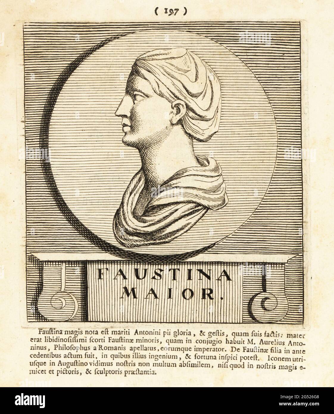 Römische Kaiserin Faustina der Ältere, 100-140, Ehefrau des römischen Imperators Antoninus Pius. Kupferstich von Pieter Bodart (1676-1712) aus Henricus Spoor’s Deorum et Heroum, Virorum et Mulierum Illustrium Imagines Antiquae Illustatae, Gods and Heroes, Men and Women, Illustrated with Antique Images, Petrum, Amsterdam, 1715. Erstmals veröffentlicht als Favissæ utriusque antiquitatis Tam Romanæ quam Græcæ im Jahr 1707. Henricus Spoor war ein niederländischer Arzt, klassischer Gelehrter, Dichter und Schriftsteller, fl. 1694-1716. Stockfoto