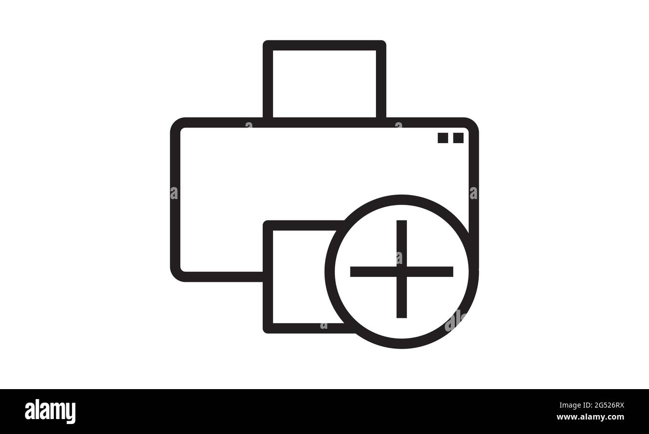 Druckersymbol, Technologie-Symbol mit Add-Zeichen. Druckersymbol und neues Plus-Symbol. Vektorgrafik Stock Vektor