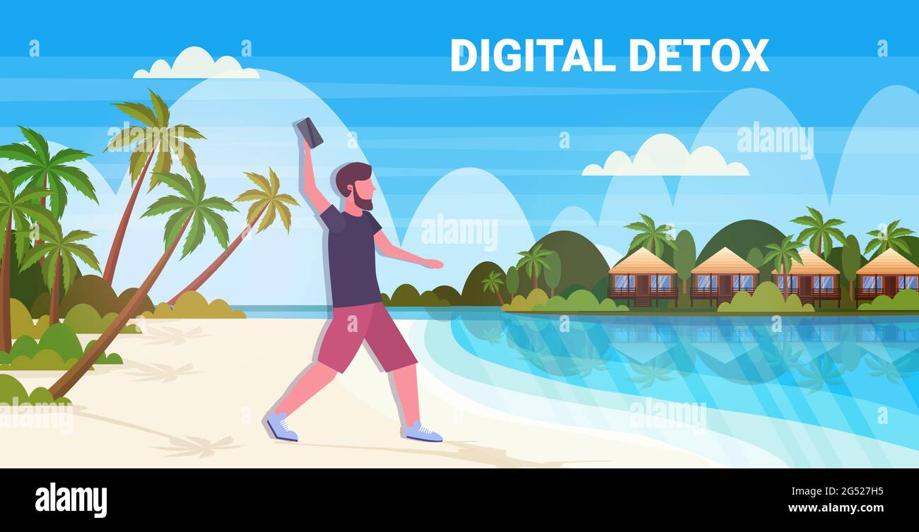 Mann wirft weg Smartphone digitale Entgiftung Konzept Kerl entspannen am tropischen Strand abandoning Gadgets Stock Vektor