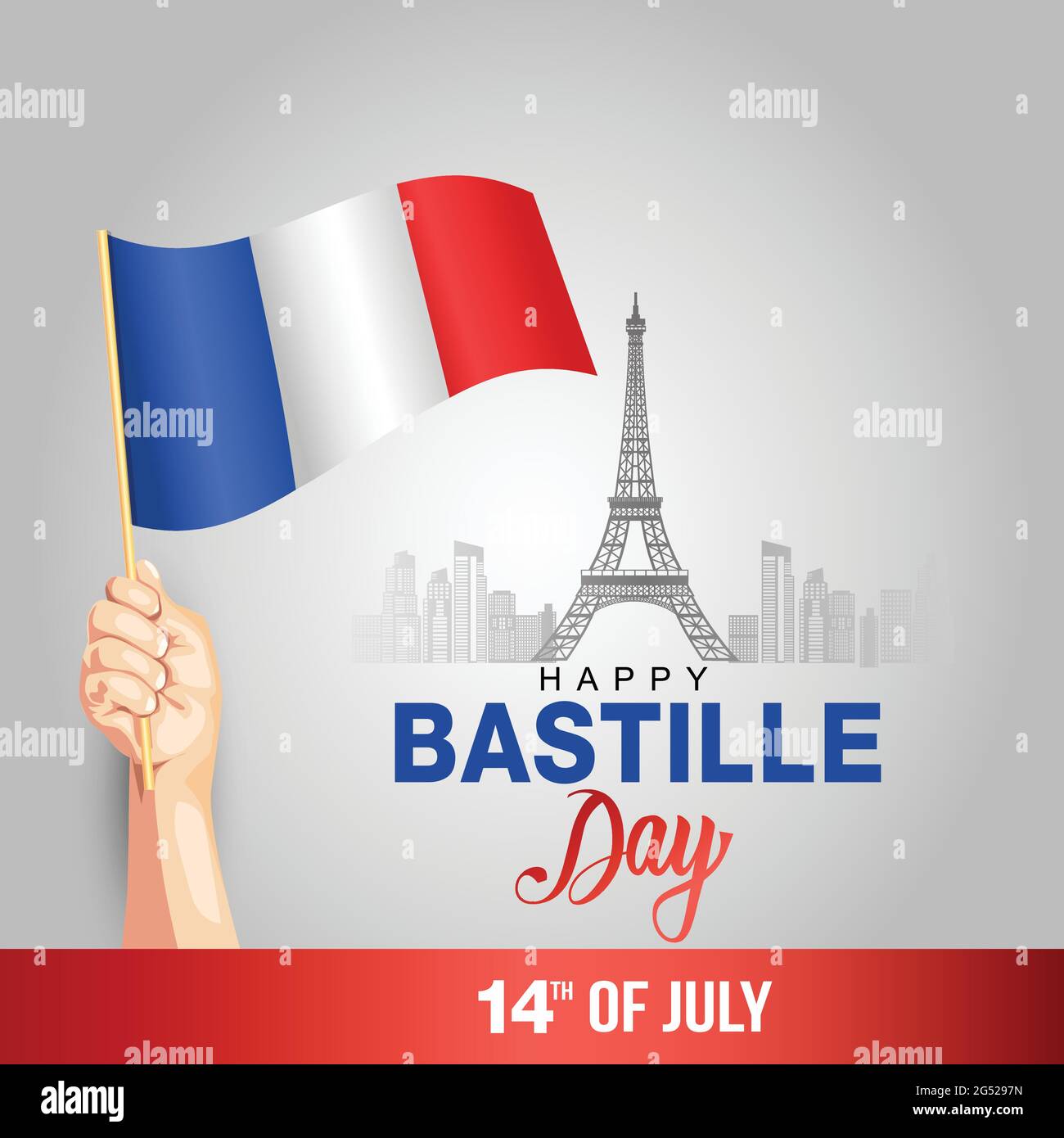 Kreative Vektorgrafik Illustration, Karte, Banner oder Poster für den französischen Nationalfeiertag. Alles Gute Zum Bastille-Tag. Hand halten Frankreich Flagge Design. vektor-illustrative Stock Vektor