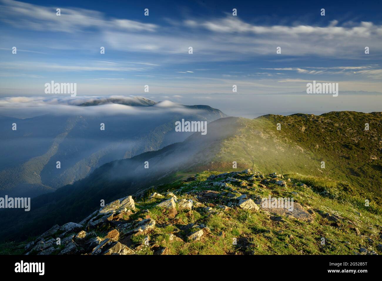 Sonnenaufgang vom Gipfel des Turó de l'Home, in Montseny. Im Hintergrund der Matagalls-Berg unter den Foggen (Vallès Oriental, Barcelona, Katalonien, Spanien) Stockfoto