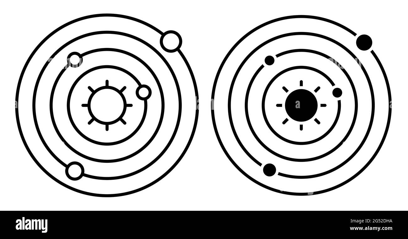 Lineares Symbol. Abstraktes Modell des Sonnensystems. Planeten drehen sich in Umlaufbahnen im Raum um Stern, Sonne. Einfacher Schwarz-Weiß-Vektor Stock Vektor Lineares Symbol. Abstraktes Modell des Sonnensystems. Planeten drehen sich in Umlaufbahnen im Raum um Stern, Sonne. Einfacher Schwarz-Weiß-Vektor Stock Vektor