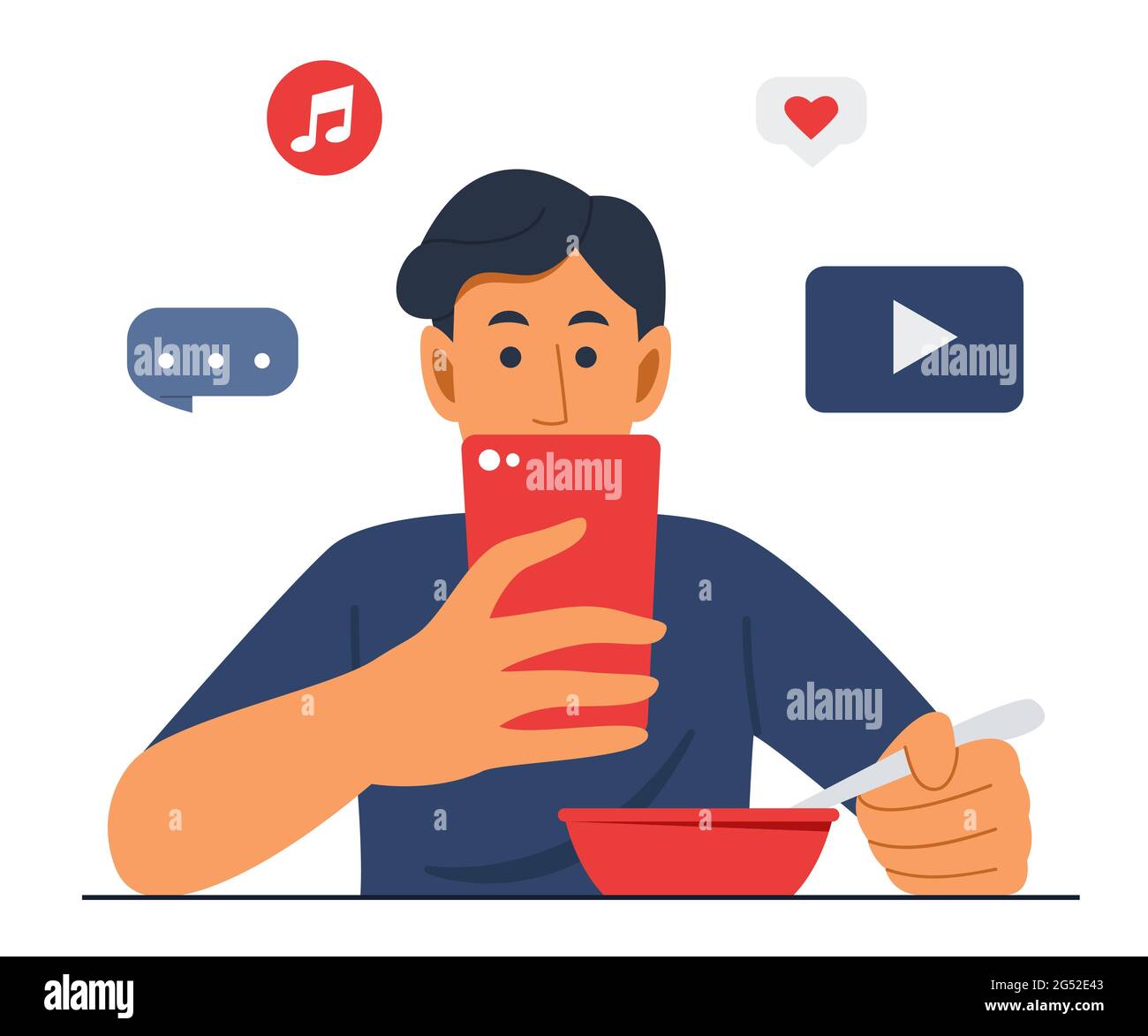 Mann isst Essen, während er Online-Inhalte auf dem Mobiltelefon ansieht. Stock Vektor