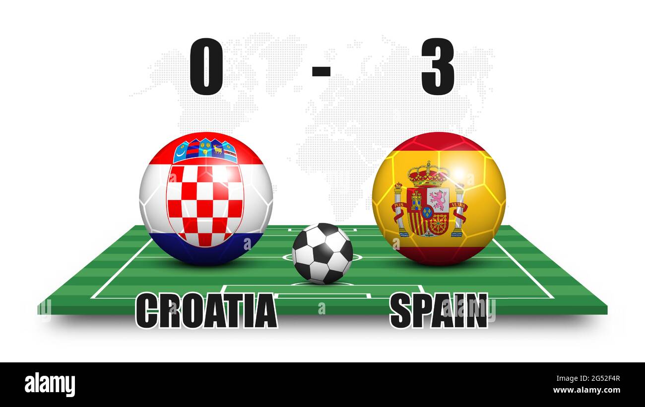 Kroatien vs Spanien . Fußball mit Nationalflaggenmuster auf perspektivischen Fußballfeld. Gepunkteter Weltkarte Hintergrund . Fußballspiel Ergebnis und scor Stock Vektor