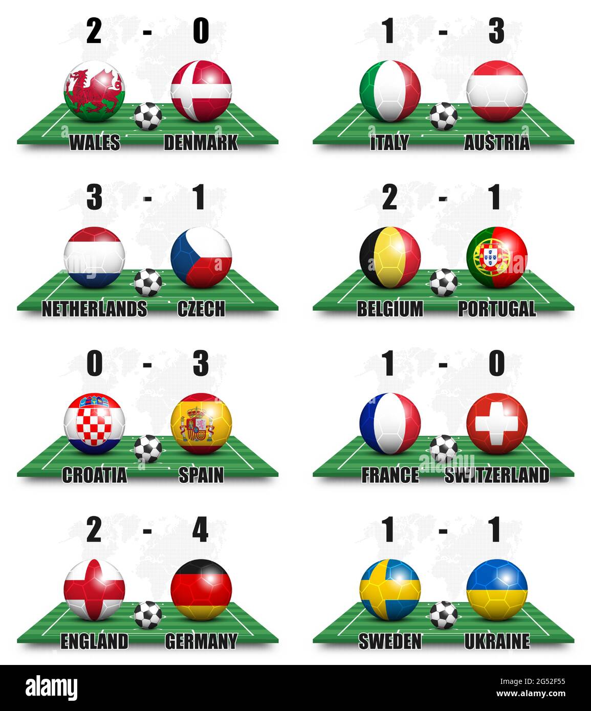 Runde der 16 Team-Turnier europäische Fußball-Cup-Meisterschaft . Ball mit Nationallandflagge auf perspektivische Ansicht Fußballfeld und Anzeigetafel . Wor Stock Vektor