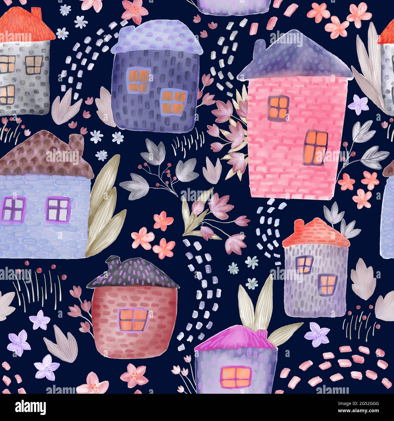 Niedliche Aquarell Häuser und Blumen Nahtloses Muster. Zartes Kinder Textil- und Geschenkpapier-Design. Aquarell Gebäude floralen Stoffmuster. Hand Stockfoto