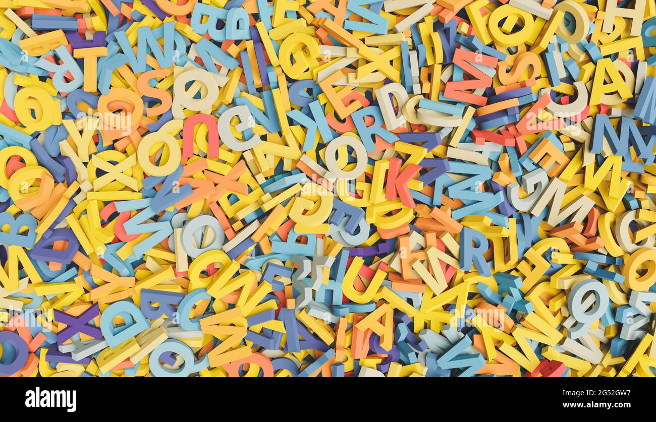 Viele bunte Buchstaben gestapelt. 3d-Rendering Stockfoto