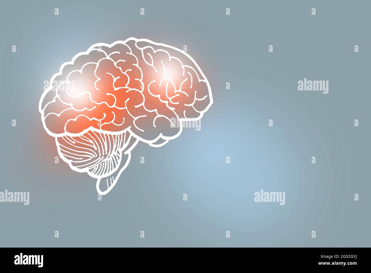 Von Hand gezeichnete Illustration des menschlichen Gehirns auf hellgrauem Hintergrund. Medizin, Wissenschaftsset mit menschlichen Hauptorganen mit leerem Kopierraum für Text Stockfoto