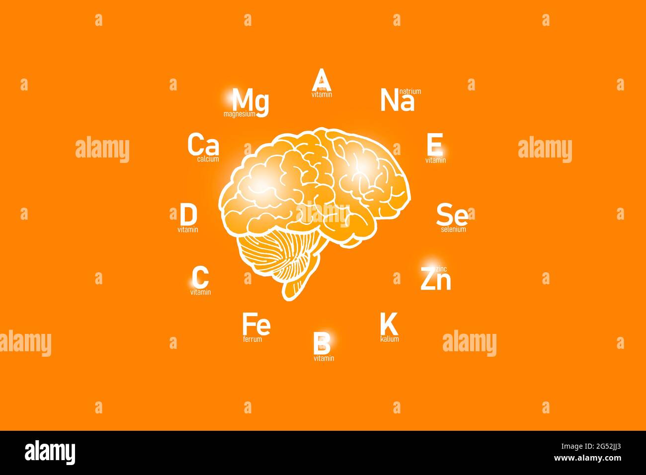 Stilisiertes Zifferblatt mit lebenswichtigen Vitaminen und Mikroelementen für die menschliche Gesundheit, handgezeichnetes Gehirn, orangefarbener Hintergrund. Design-Modell für das Gesundheitswesen. Stockfoto