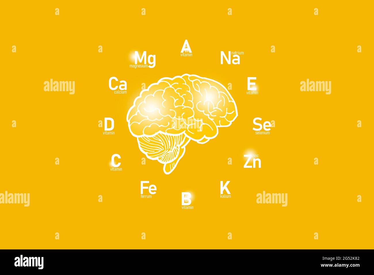 Stilisiertes Zifferblatt mit lebenswichtigen Vitaminen und Mikroelementen für die menschliche Gesundheit, handgezeichnetes Gehirn, gelber Hintergrund. Design-Modell für das Gesundheitswesen. Stockfoto