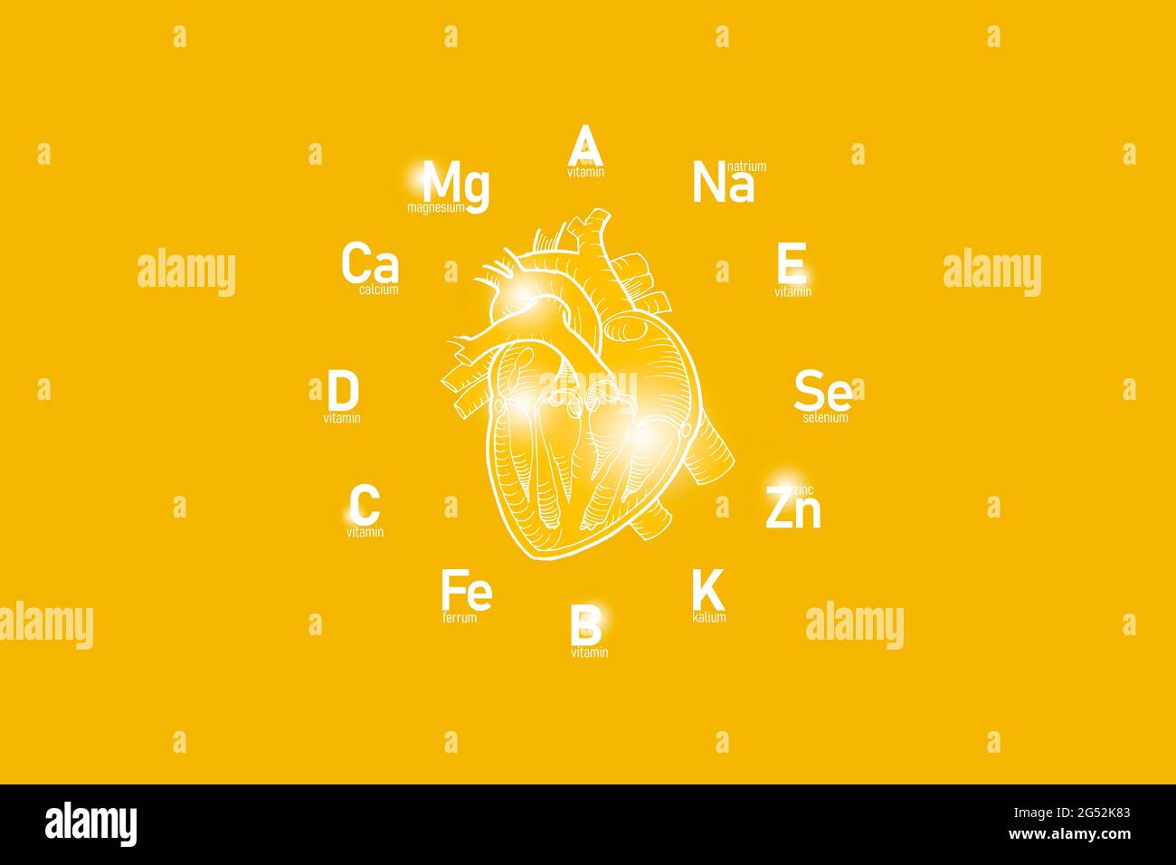 Stilisiertes Zifferblatt mit lebenswichtigen Vitaminen und Mikroelementen für die menschliche Gesundheit, handgezeichnetes Herz, gelber Hintergrund. Stockfoto