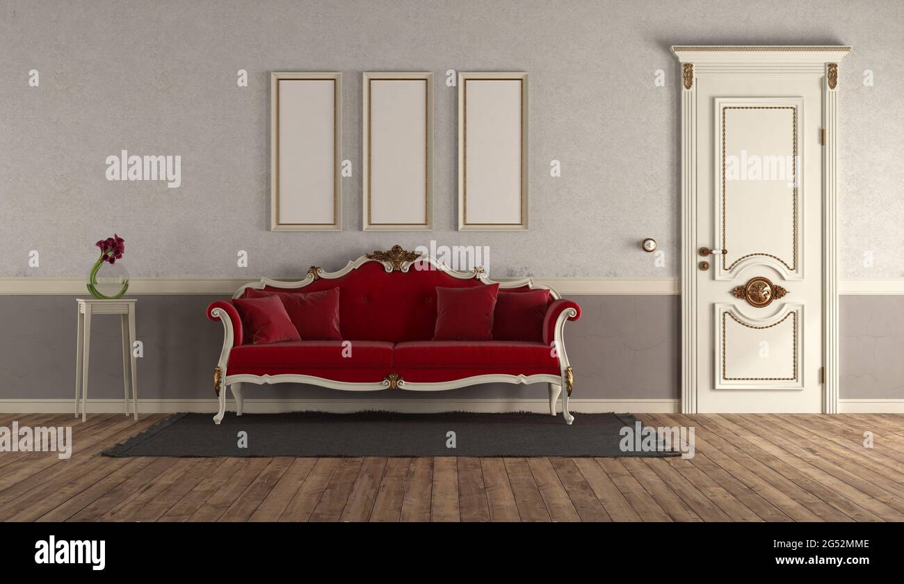 Wohnzimmer im Retro-Stil mit elegantem roten Sofa und klassischem Tür-3d-Rendering Stockfoto
