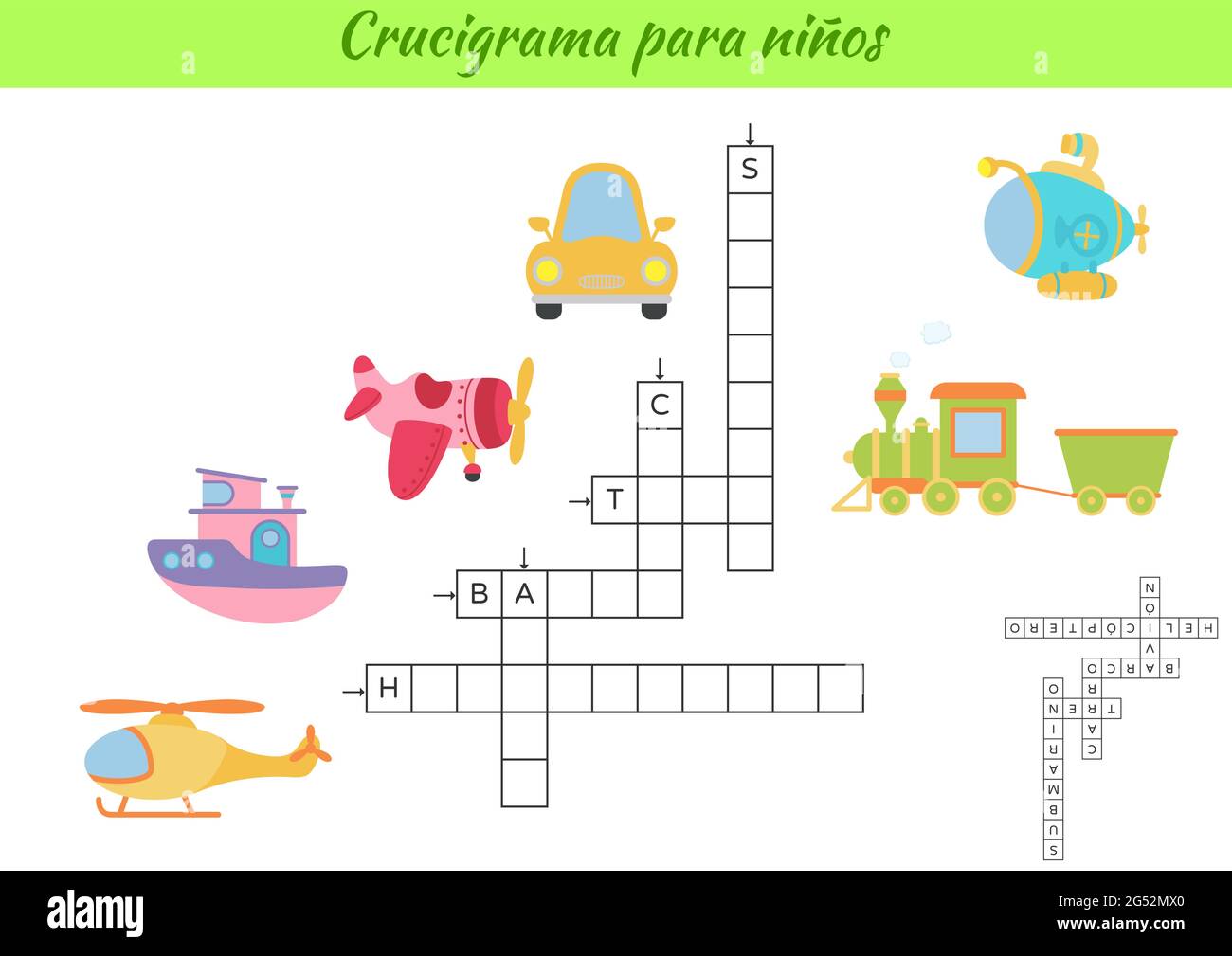 Kreuzworträtsel für Kinder auf Spanisch mit Bildern von Transport. Lernspiel zum Lernen der spanischen Sprache und Wörter. Druckbares Arbeitsblatt für untergeordnete Vorgänge Stock Vektor