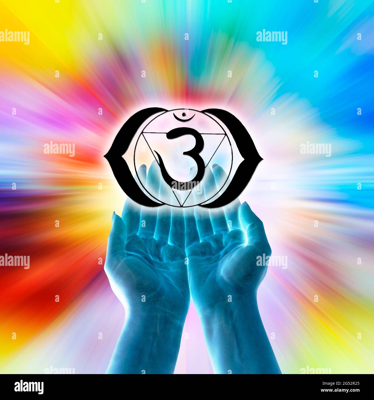 Offene Hände und Chakra-Symbol von Ajna Stockfoto