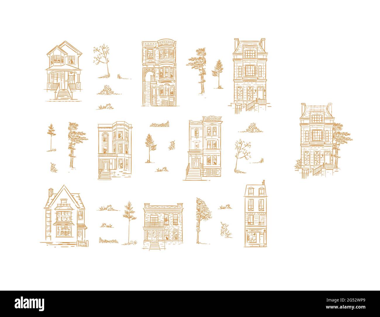 Satz von Häusern und Gartenbäumen Zeichnung in altmodischen Vintage-Stil. Mischen Sie Ihre eigene Komposition. Stock Vektor