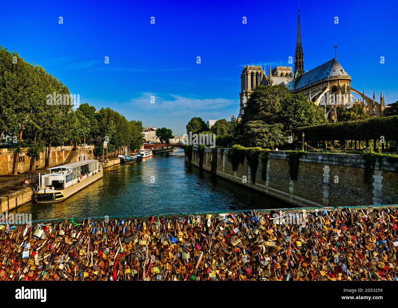 FRANKREICH. PARIS (75) ILE DE LA CITE VON DER PONT DE L'ARCHEVECHE, KATHEDRALE NOTRE DAME; PLATZ JEAN XXIII, PONT AU DOUBLE, QUAYS OF THE SEINE, SAINT MI Stockfoto