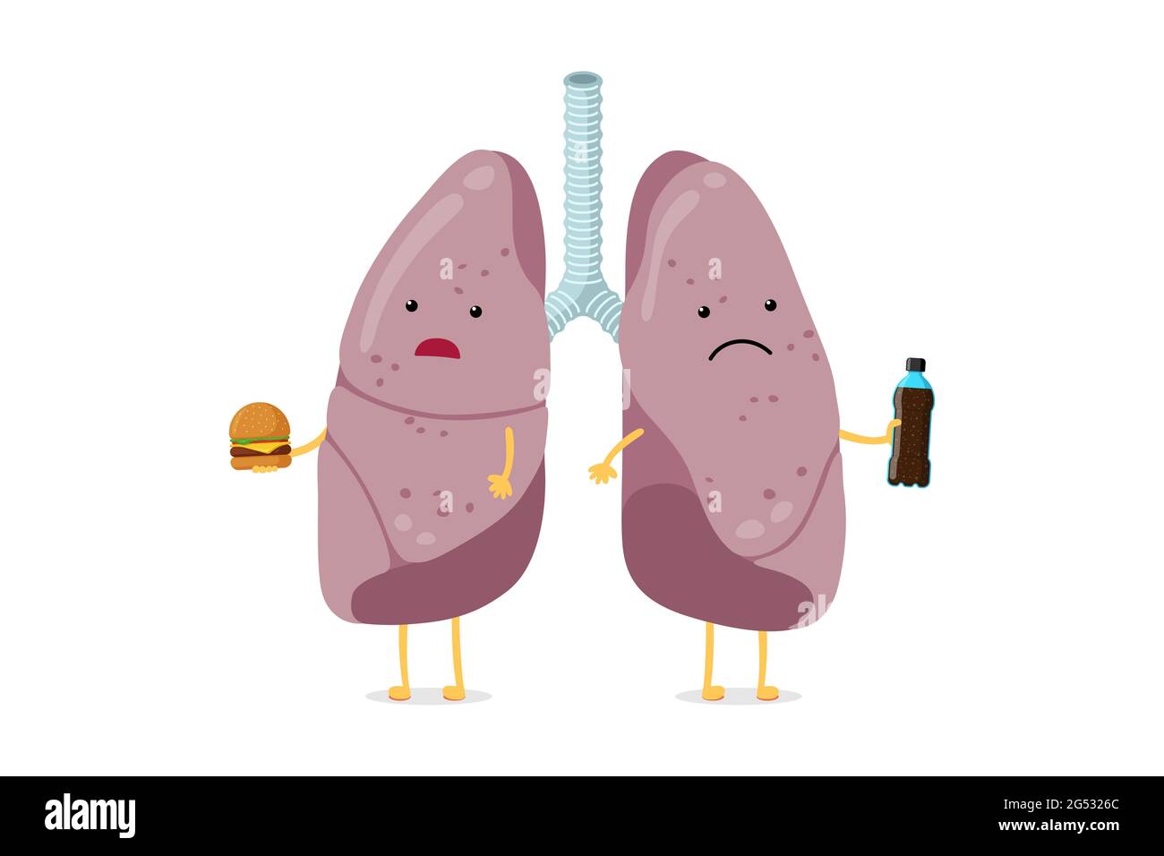 Ungesunde kranke Lungen Cartoon-Figur essen Fast Food und trinken Soda. Das innere Organ des menschlichen Atmungssystems ist überernährend und hat eine schlechte Dyspnoe. Adipositas schlecht gefährliche Gewohnheit sucht Vektor eps Stock Vektor