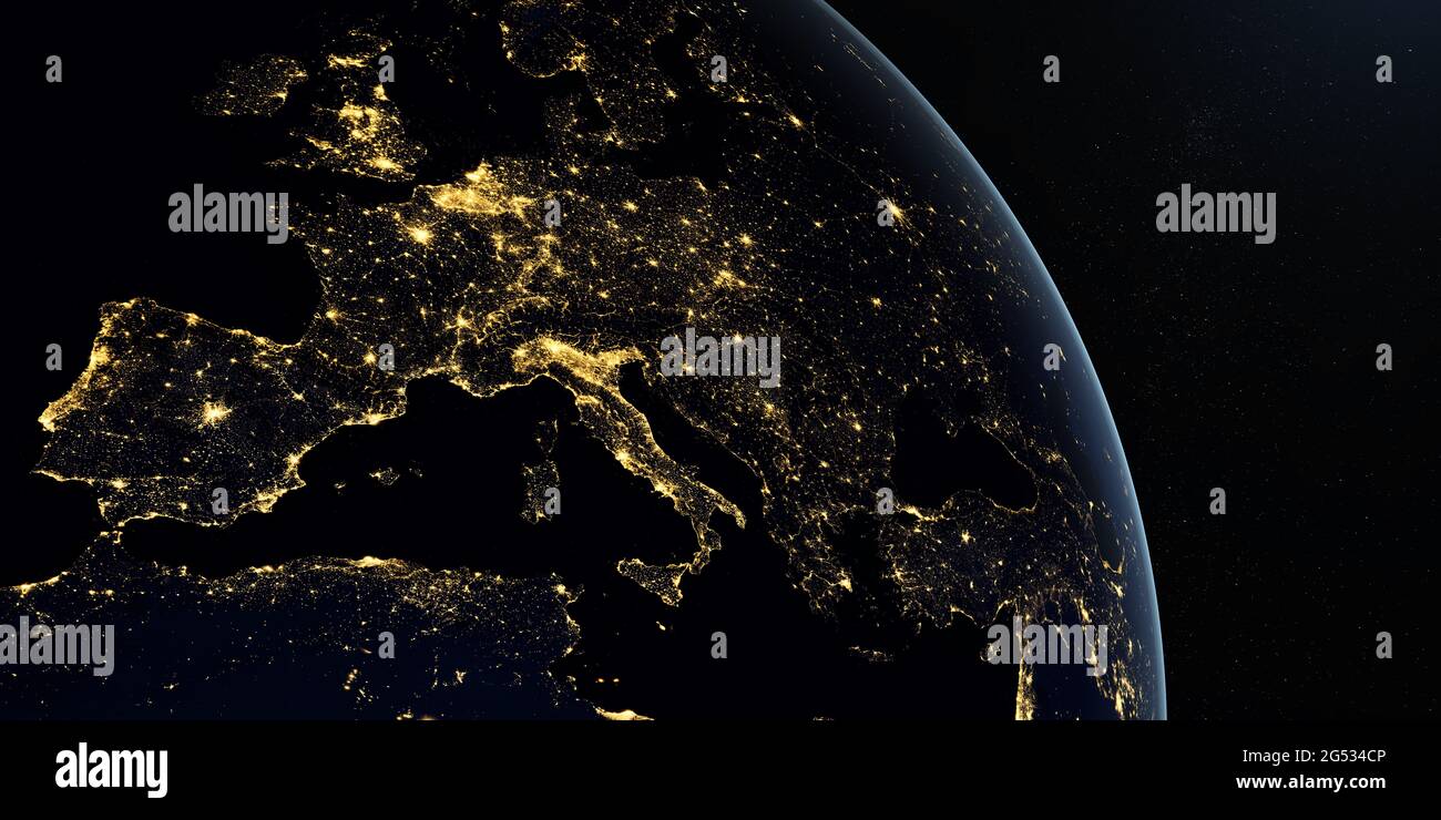 Europa in der Nacht auf dem Erdplaneten, der sich vom Weltraum aus dreht Stockfoto