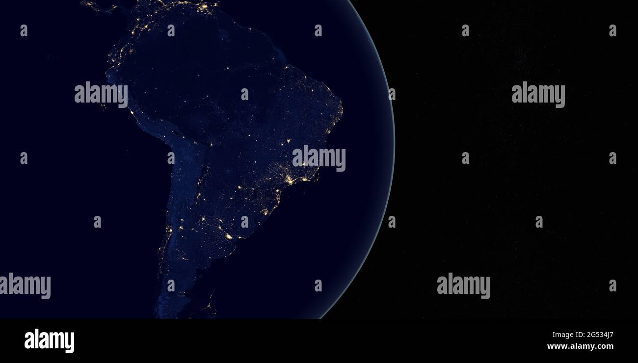 Südamerika in der Nacht auf dem Erdplaneten, der aus dem Weltraum rotiert Stockfoto