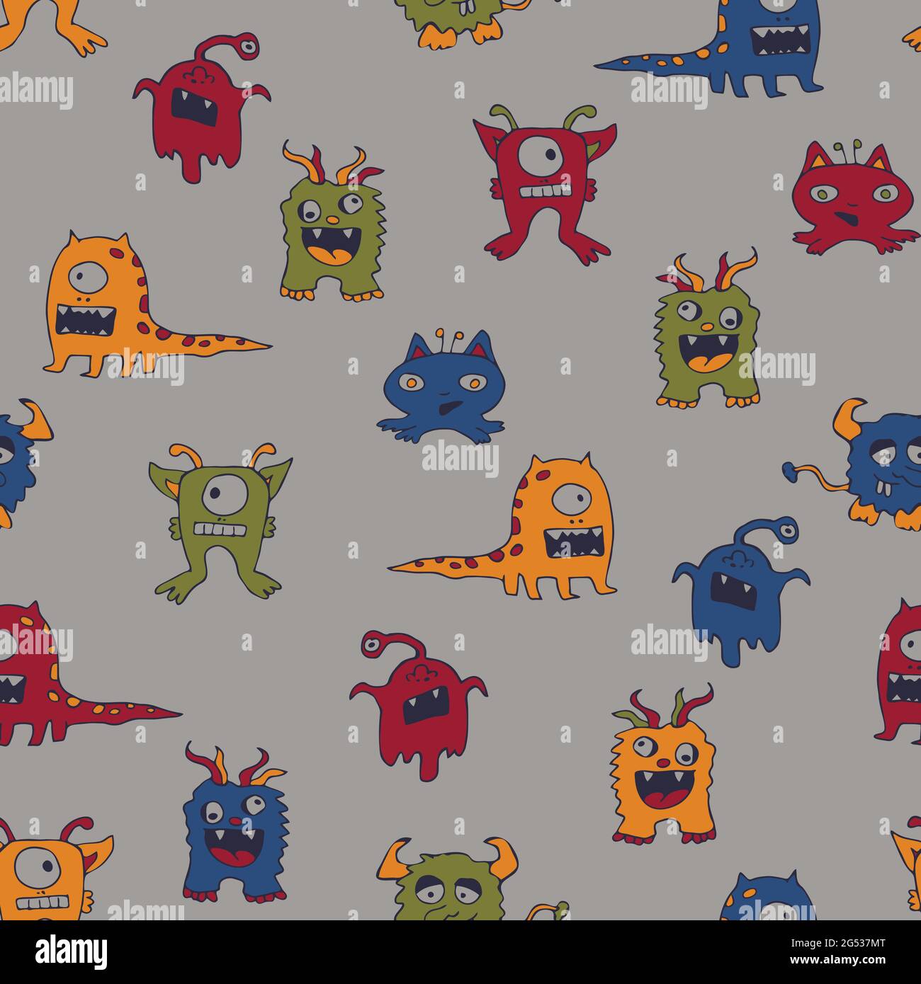 Nahtlose Vektor-Muster mit Cartoon-Monster auf grauem Hintergrund. Lustige Alien Tapete Design für Kinder. Einfache Comic-Mode Textil für Jungen. Stock Vektor