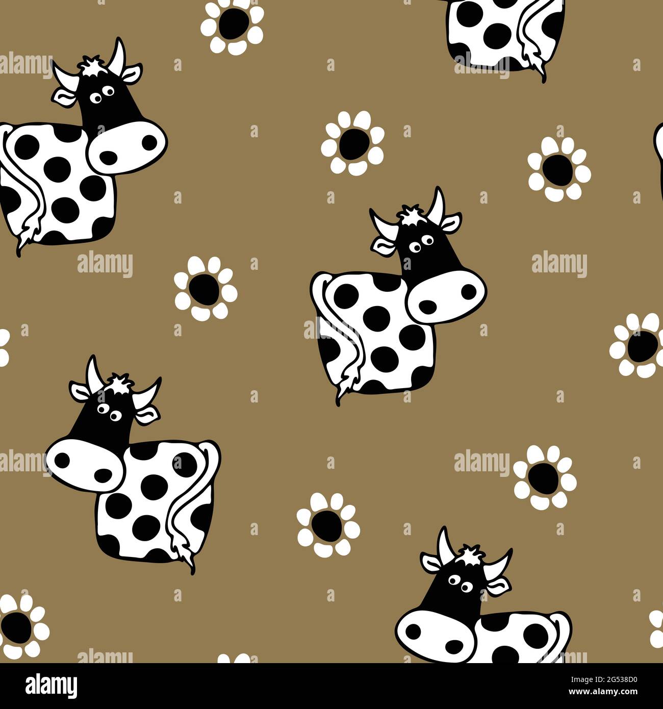 Nahtloses Vektor-Muster mit Kuh und Blumen auf grauem Hintergrund. Schwarz-weiße Tiertapete für Kinder. Niedliche Mode-Textilien. Stock Vektor