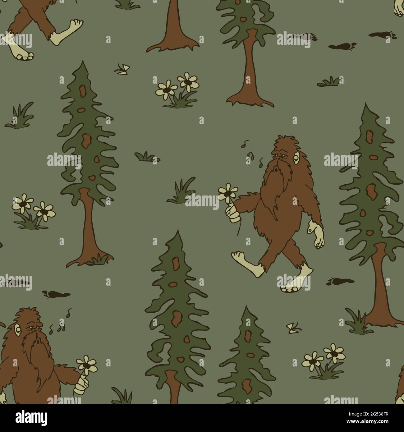 Nahtloses Vektormuster mit Bigfoot auf grauem Hintergrund. Witziges Sasquatch Tapetendesign. Mythische Legende Mode Textil. Stock Vektor