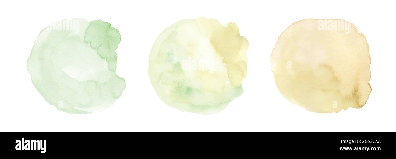 Set aus drei grünen Farbverlauf gelb Aquarell Kreis Fleck Pinsel Formen handgemalt auf weißem Hintergrund. Stock Vektor