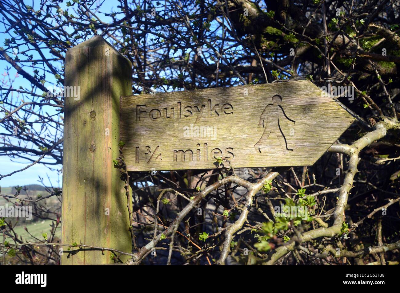 Hölzerner Wegweiser nach Foulsyke von der Mosser Fell Road in der Nähe von Loweswater im Lake District National Park, Cumbria, England, Großbritannien Stockfoto