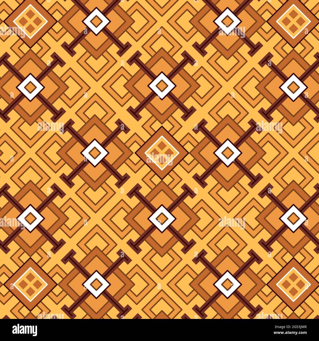 Geometrisches Ornament basierend auf Rauten und Kreuzen. Nahtloses Muster. Ockerfarbene Färbung. Stock Vektor