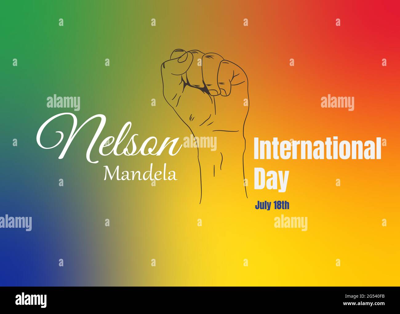 Nelson Mandela International Day 18. Juli. 18. Juli.Verfolgung einer erhobenen Faust, Hintergrund der Farben der afrikanischen Flagge, grün, blau, rot, gelb Stock Vektor