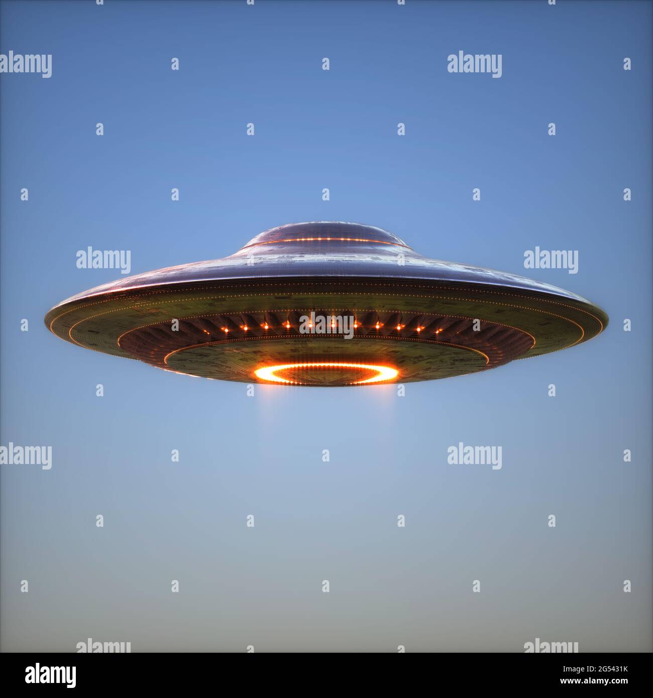 Unbekanntes Flugobjekt - UFO. Science Fiction Bild Konzept der Ufologie und das Leben des Planeten Erde. Beschneidungspfad enthalten. Stockfoto