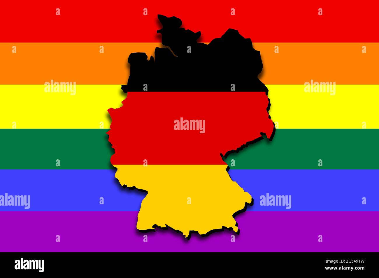 Deutschland skizzieren Karte mit der Nationalflagge überlagert an den Grenzen. 3D-Grafik, die Schatten auf die LGBT-Flagge im Hintergrund wirft Stockfoto