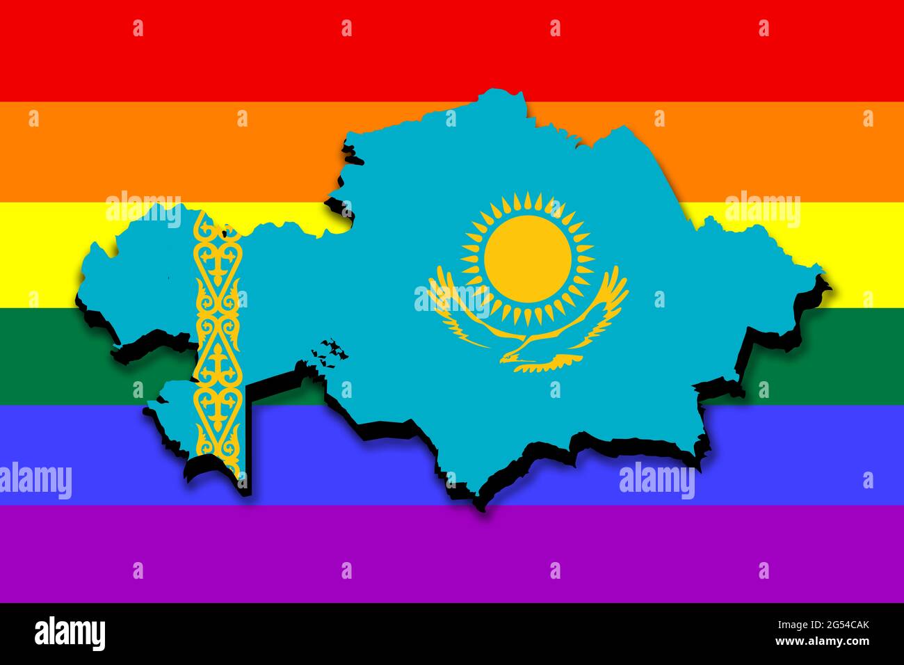 Kasachstan skizzieren Karte mit der Nationalflagge an den Grenzen überlagert. 3D-Grafik, die Schatten auf die LGBT-Flagge im Hintergrund wirft Stockfoto