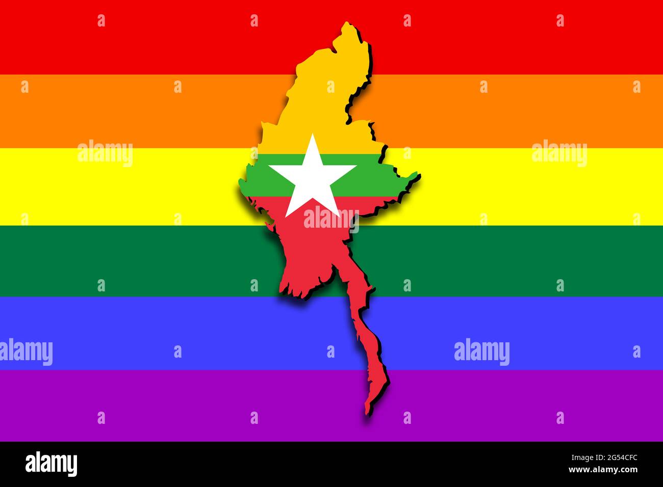 Myanmar skizzieren Karte mit der Nationalflagge überlagert an den Grenzen. 3D-Grafik, die Schatten auf die LGBT-Flagge im Hintergrund wirft Stockfoto